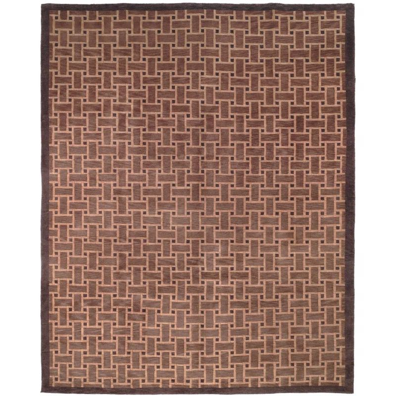 Tibetan Geometric Hand-Knotted Wool Rug, 9' x 12', Brown