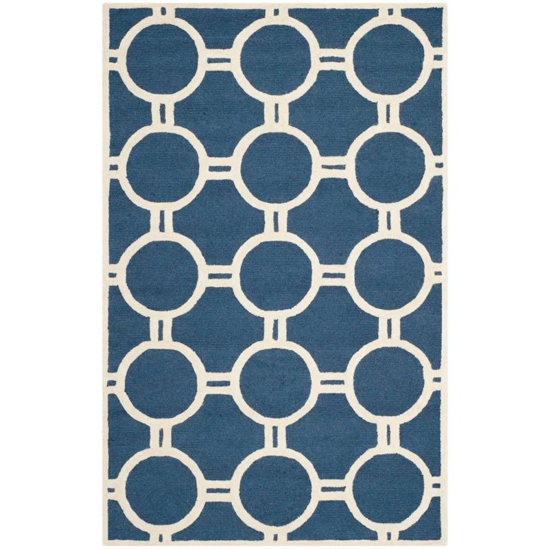 Navy Blue and Ivory Hand-Tufted Wool Square Rug, 24" x 24"