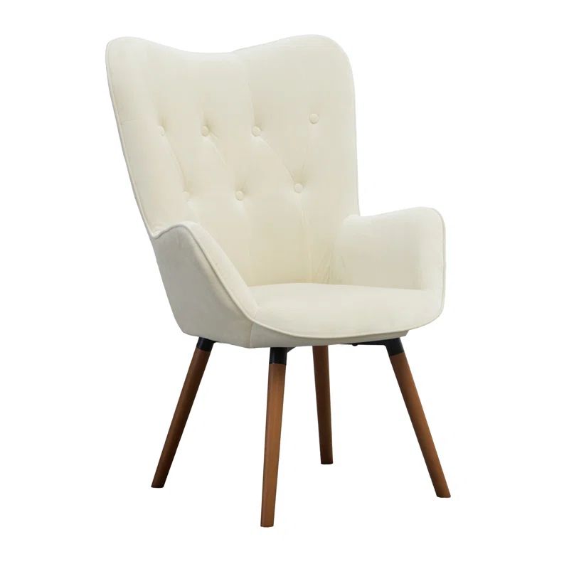 Elegant White Velvet Barrel Wingback Chair with Oak Finish