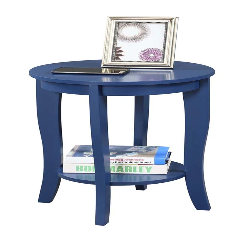 Cobalt Blue Round Wood End Table with Shelf