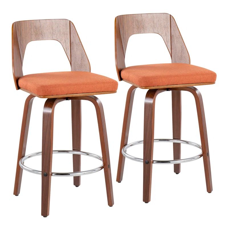 Mid-Century Walnut and Orange Swivel Counter Stools, Set of 2