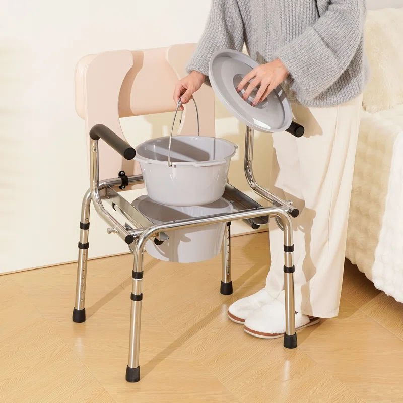Adjustable Height White Steel Bedside Commode Chair
