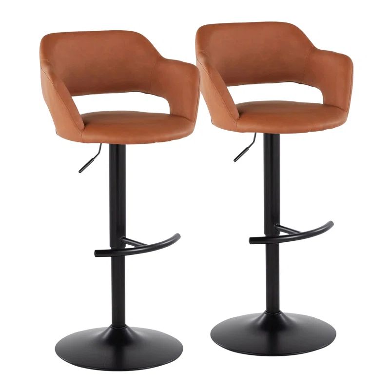 Adjustable Brown Faux Leather Swivel Barstools with Black Metal Base