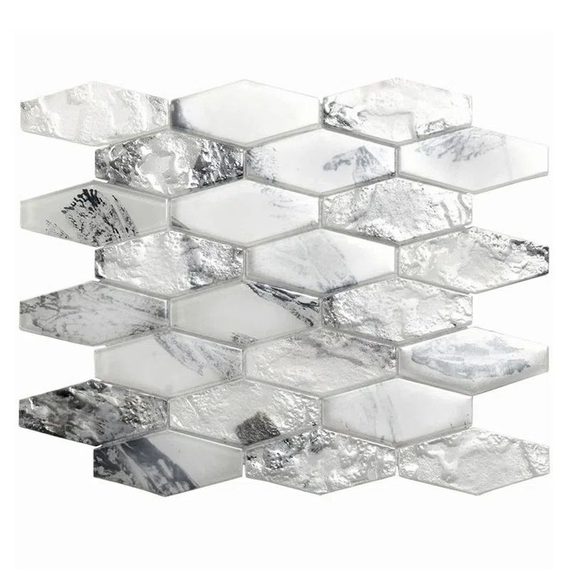 White and Silver Elongated Hex Glass Mosaic Tile