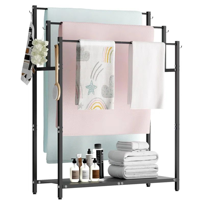 44" Black Freestanding Towel Rack with 6 Hooks and Shelf