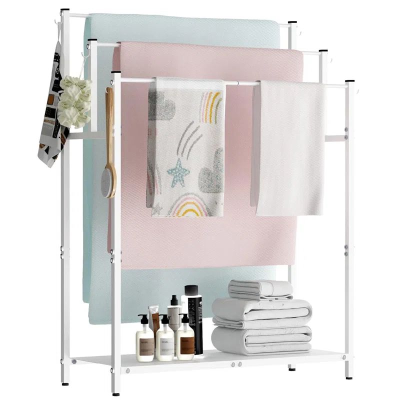 44" White Metal Freestanding Towel Rack with 6 Hooks