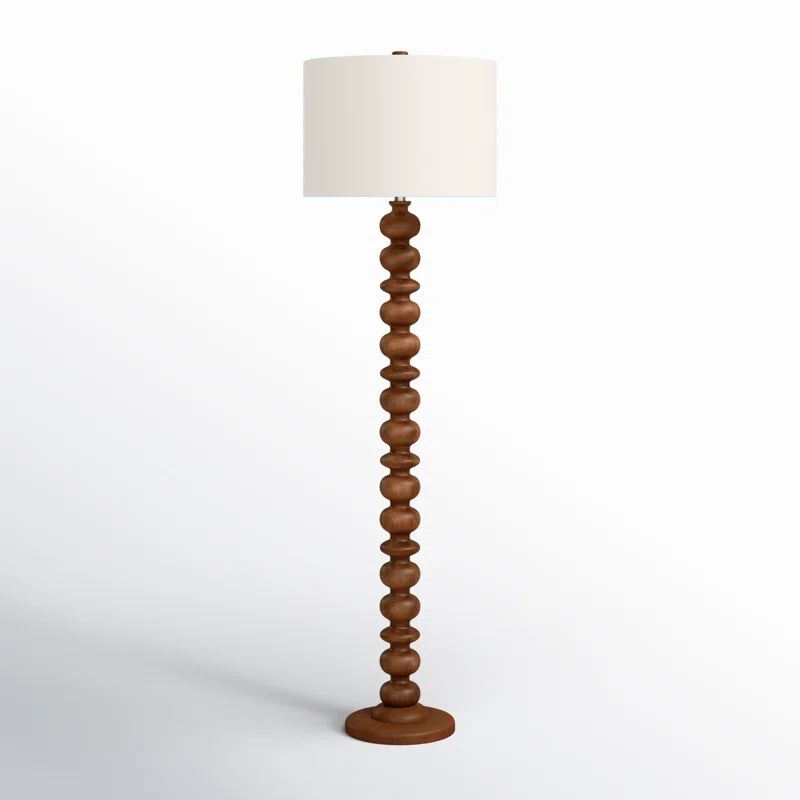 Honey Brown Solid Wood Floor Lamp with White Cotton Shade