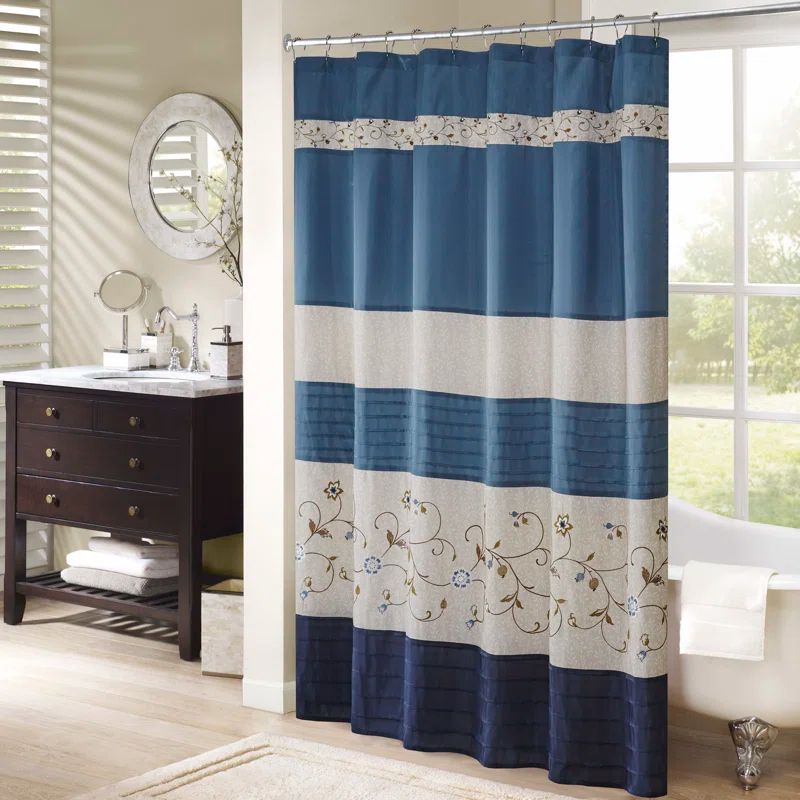 Navy Faux Silk Embroidered Floral Shower Curtain