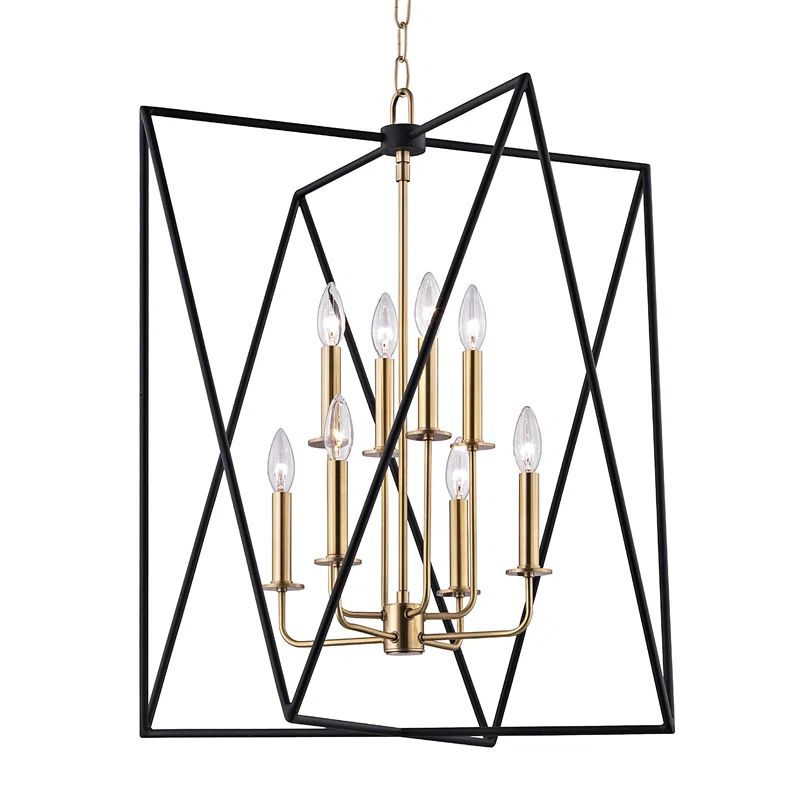 Aged Brass 8-Light Geometric Chandelier with Crystal Accents