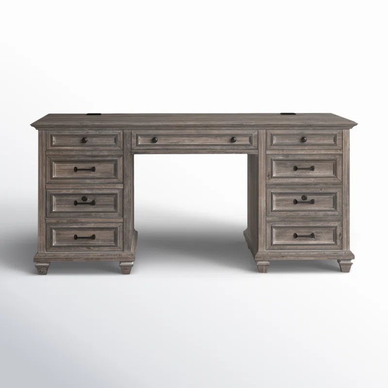 Transitional Dove Tail Grey Executive Desk with Power Outlet and Filing Cabinet