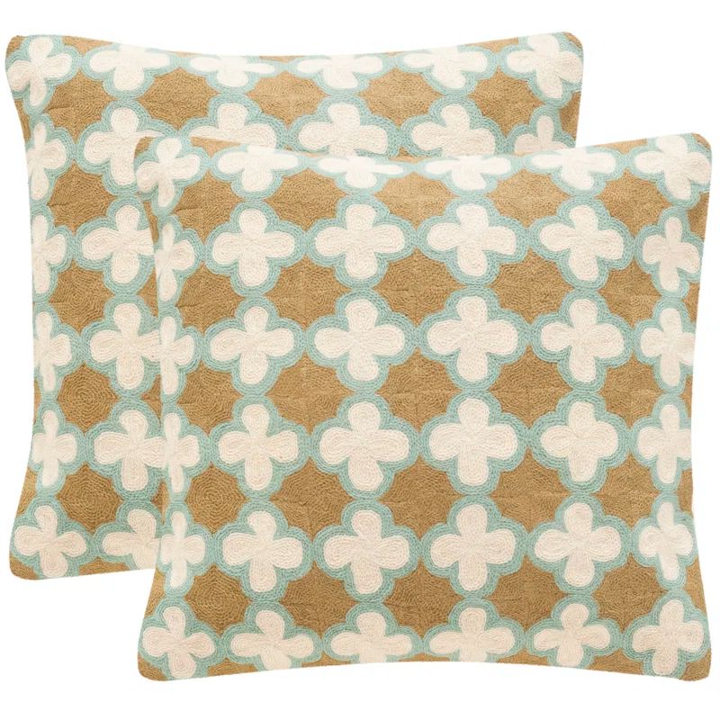 Carna 20" Green and Beige Geometric Wool Throw Pillows, Set of 2