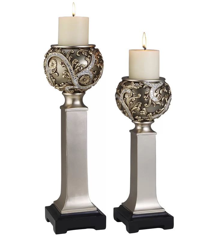 Elegant Silver Vine-Inspired Polyresin Candlestick Set with Vanilla Candles