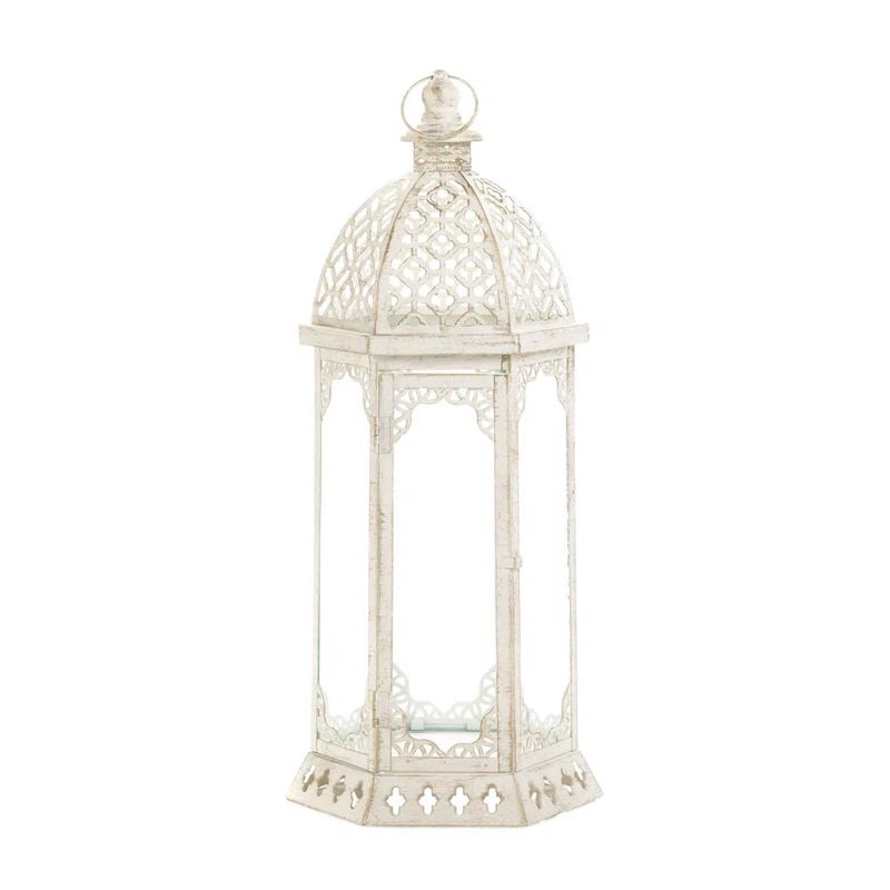 Amina Graceful Distressed White Iron Hanging Candle Lantern
