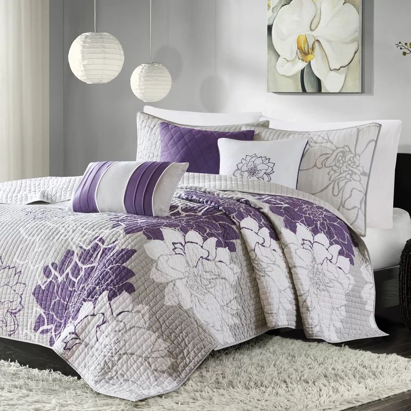 Lola King Gray and Purple Cotton Reversible Quilt Set