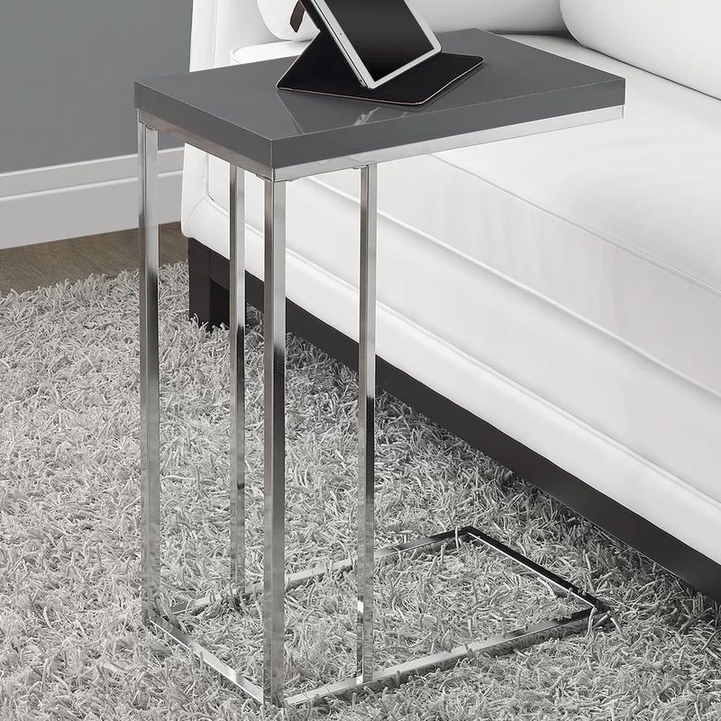 Glossy Grey Contemporary C-Shaped Metal & Wood Side Table