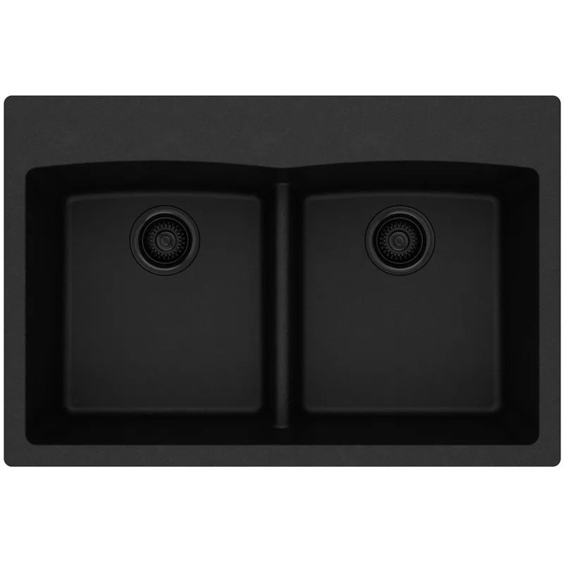 Black Quartz 33" Double Bowl Drop-In Kitchen Sink