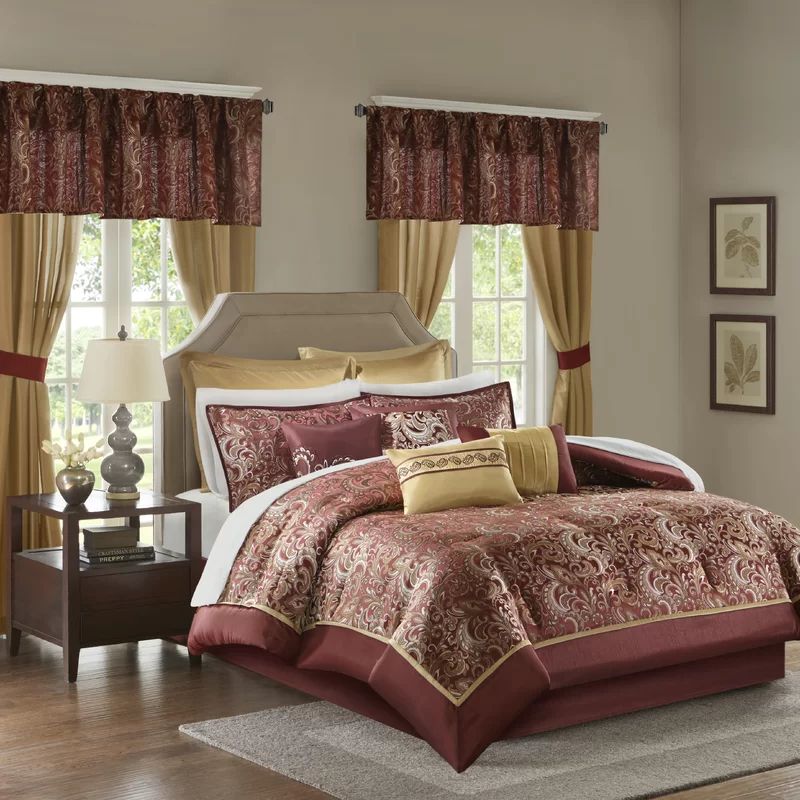 King Red Microfiber Floral Motif 24-Piece Bedding Set