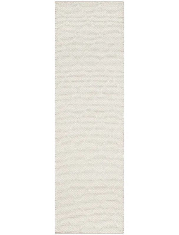 Elegant Ivory Diamond Hand-Knotted Wool & Viscose Runner Rug, 2'3" x 10'