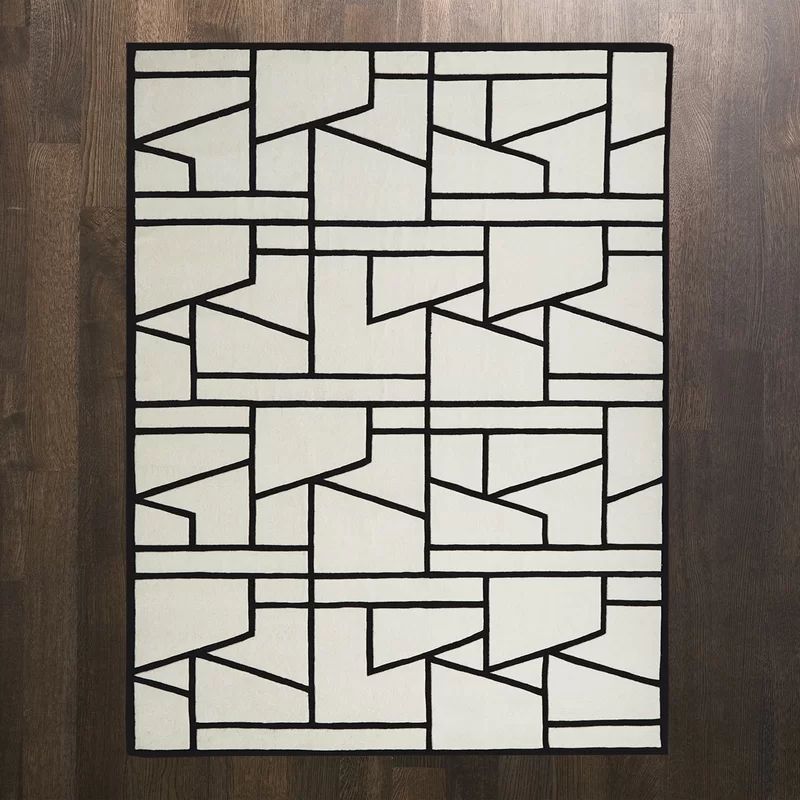 Handmade Zig Zag Black and Ivory Wool-Viscose 8' x 10' Rug