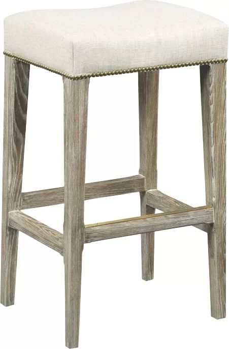 Vintage Beige Linen & Brass Nailhead 26" Counter Stool