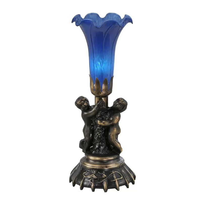 Blue Glass Cherub Table Lamp Set with Mahogany Bronze Base