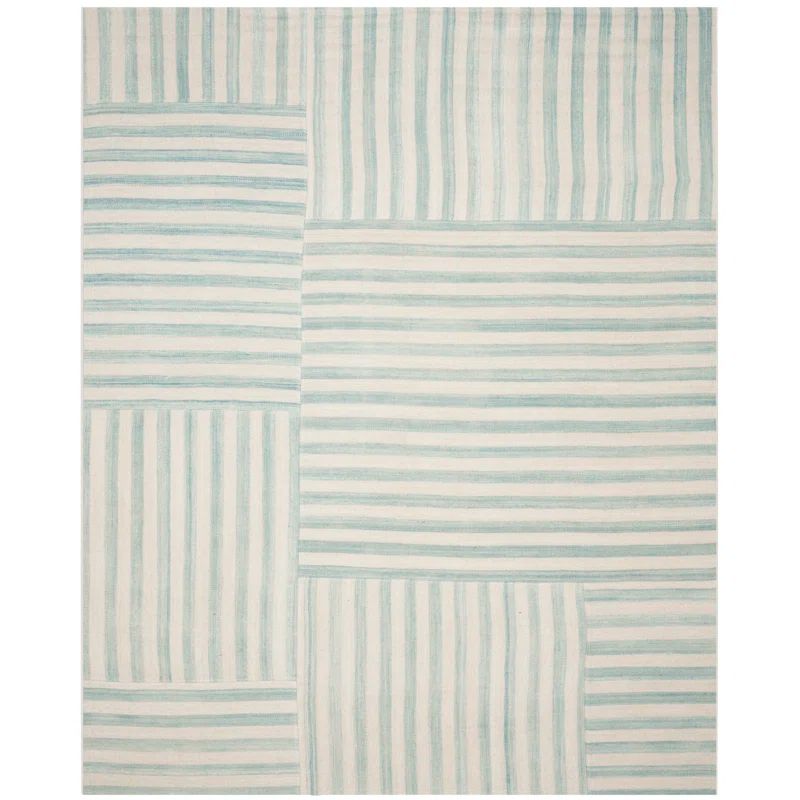 Sky Blue Stripe Patchwork Wool 8' x 10' Area Rug