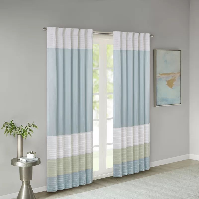 Green and Aqua Polyester Pintuck Light-Filtering Curtain Panel