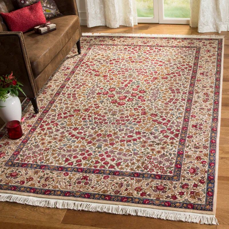 Ivory Hand-Knotted Wool and Cotton Floral Area Rug