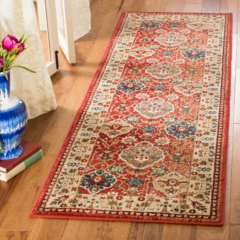 Elegant Red and Beige Floral Synthetic Runner Rug, 2'2" x 8'