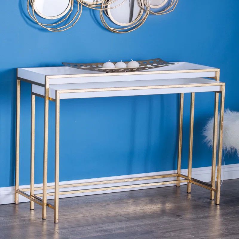 White and Gold Metal Wood Console Table with Storage