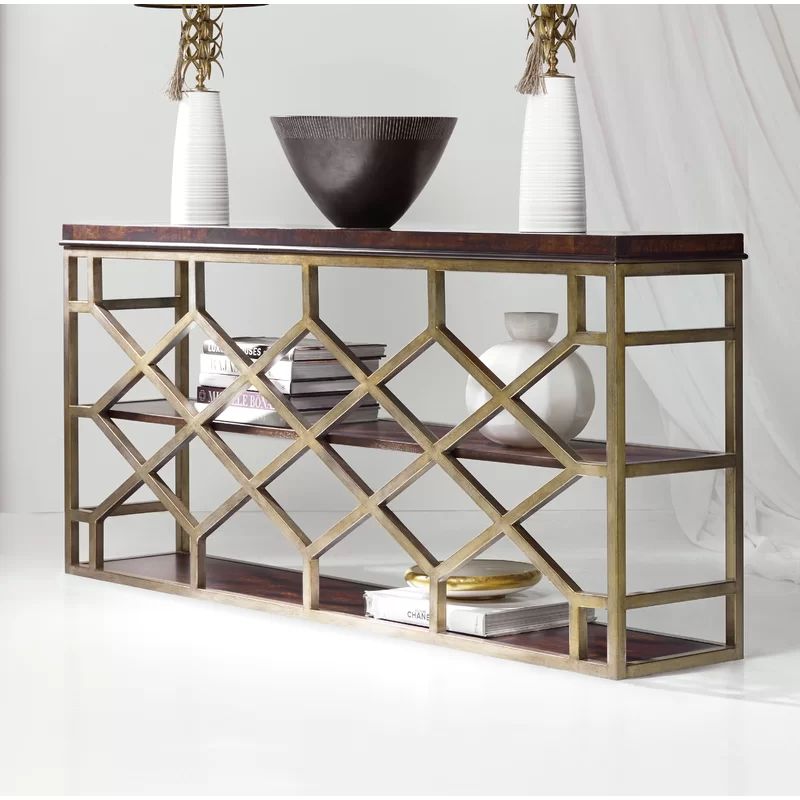 Brown and Gold Rectangular Wood Metal Console Table with Storage