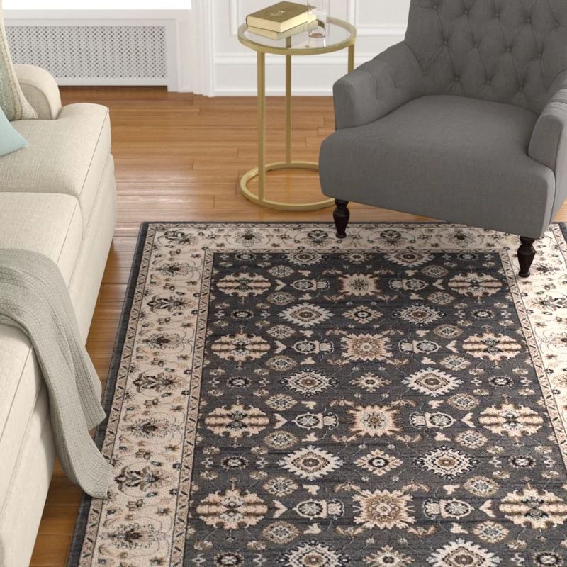 Gray and Cream Floral Synthetic Rectangle Area Rug