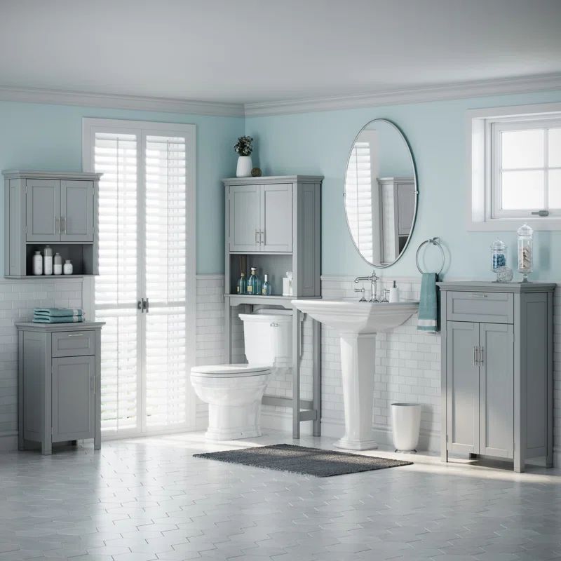 Transitional Gray Engineered Wood Over-the-Toilet Storage with Adjustable Shelves