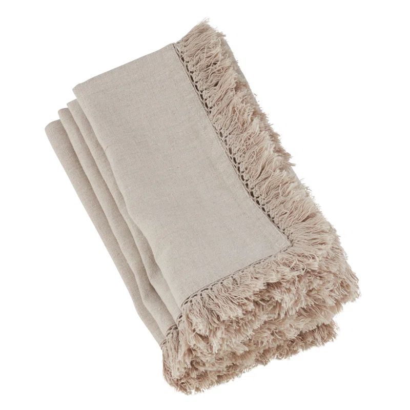 Natural Beige Linen Napkins with Fringe Trim, Set of 4