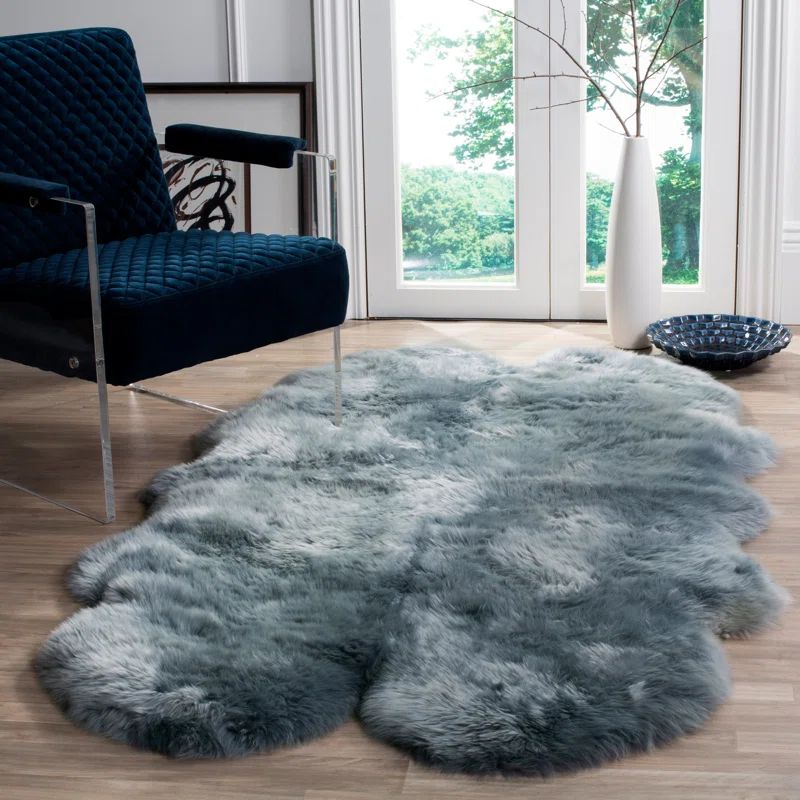Handmade Steel Blue Sheepskin Shag Rectangular Rug for Kids