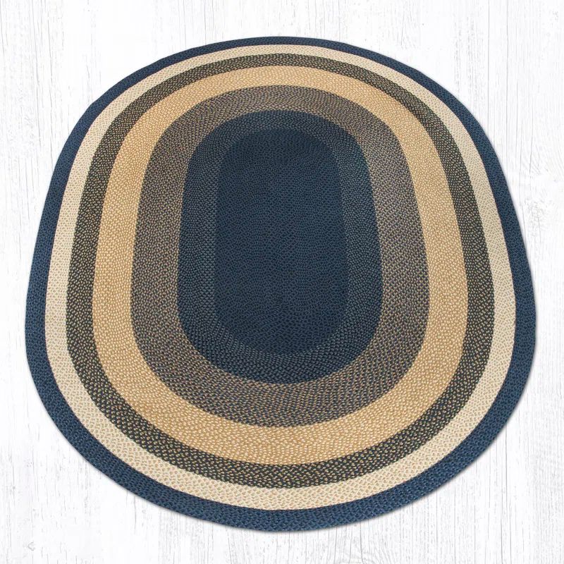 Handmade Oval Jute Rug in Light and Dark Blue, Mustard 8' x 11'
