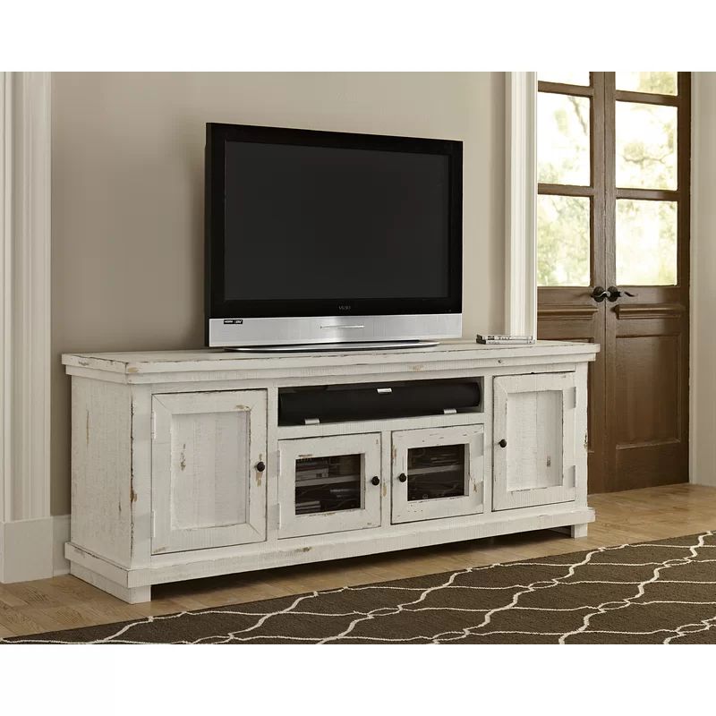 Distressed White Solid Pine 74" Rustic Media Console with Cabinet