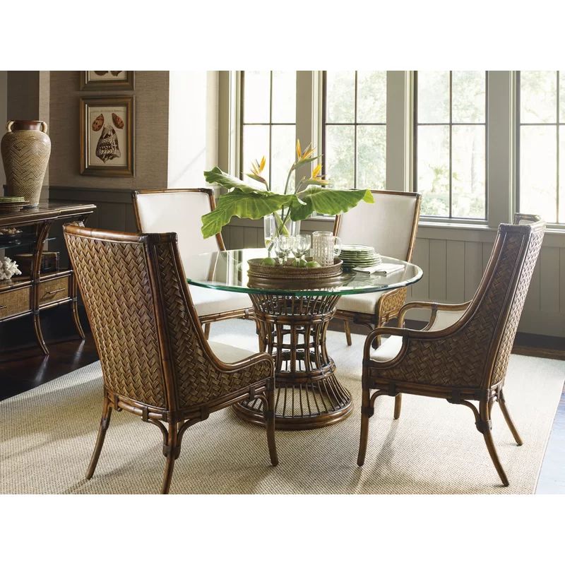 Brown Rattan and Glass Round Dining Table