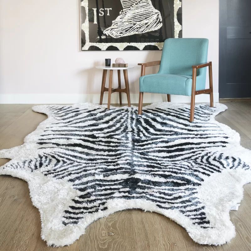 Zebra Striped Black and Turquoise Faux Fur Rug 3'6" x 5'6"