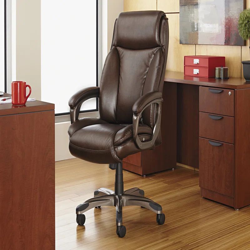 Brown High-Back Leather Executive Swivel Chair with Adjustable Arms