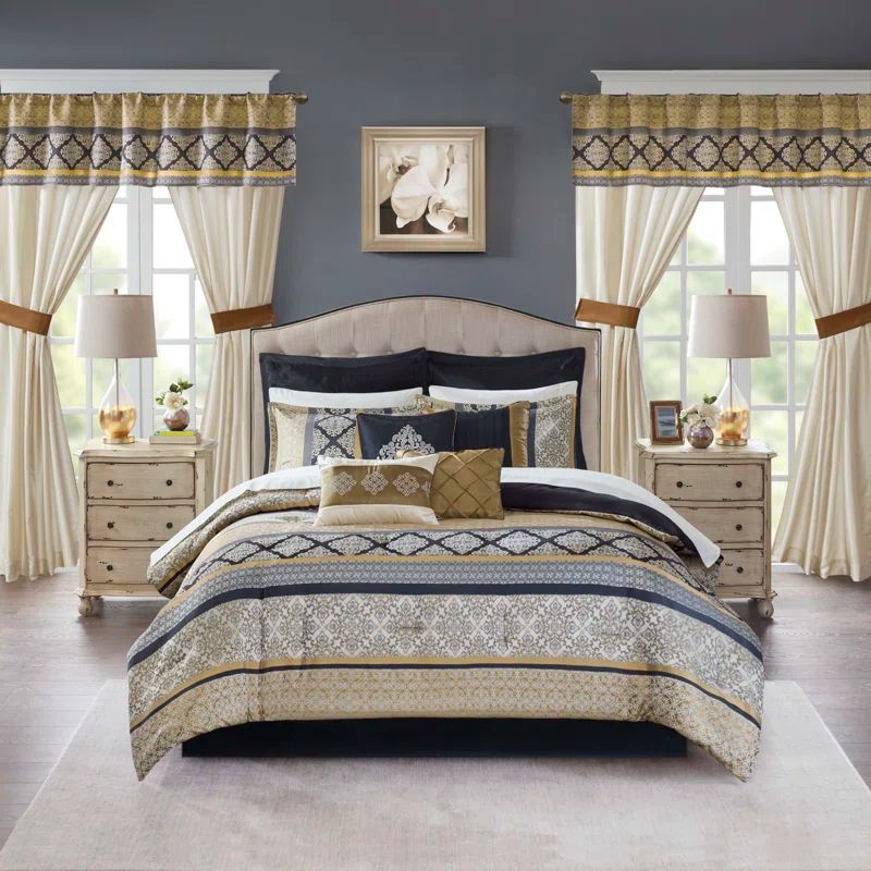 California King Black and Gold Microfiber 24-Piece Jacquard Bedding Set