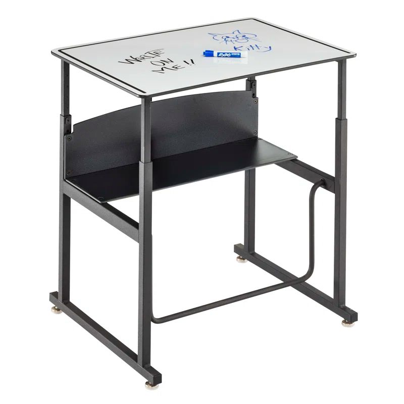 Adjustable Black Steel Standing Desk with Dry Erase Surface and Footrest Bar
