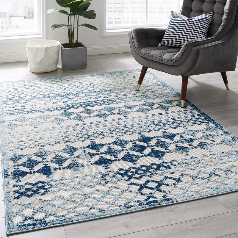Ivory and Blue Distressed Moroccan Trellis 5'x8' Synthetic Area Rug
