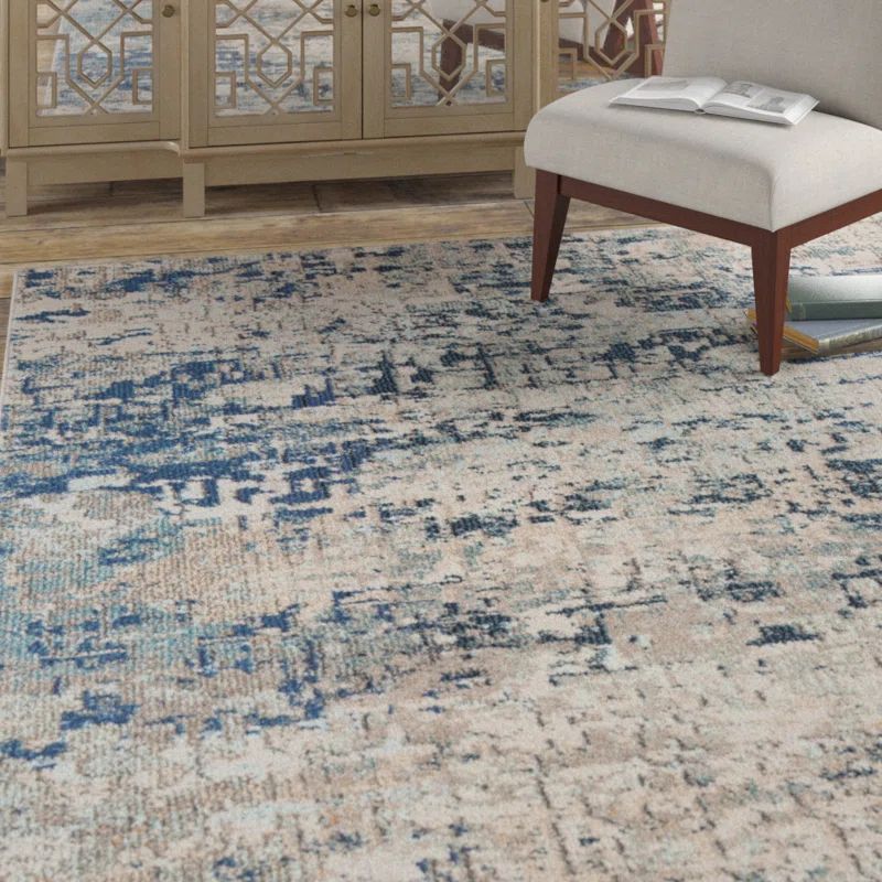 Gray and Blue Abstract Synthetic Round Rug, 12' x 18'