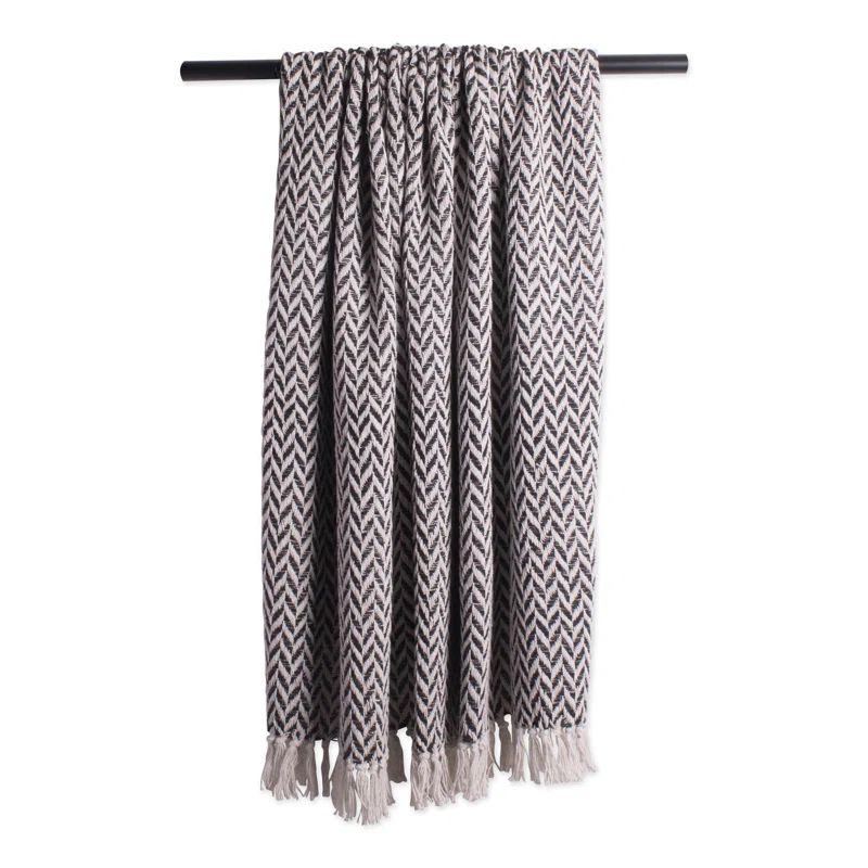 Black and White Cotton Zig-Zag Throw Blanket with Fringe