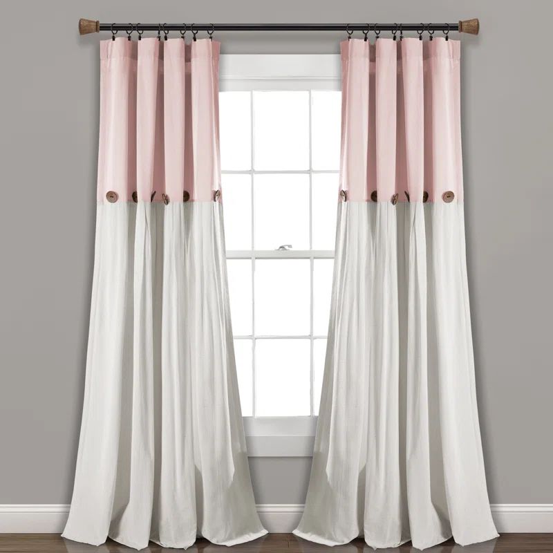 Blush and Off-White Linen Button Window Curtain Panel