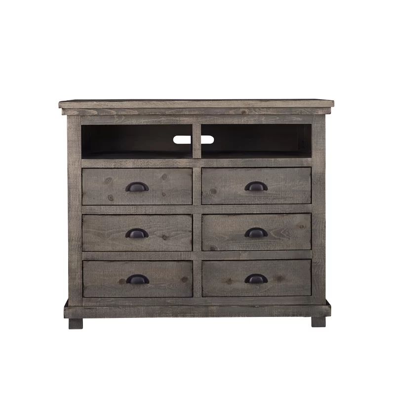 Transitional Gray Pine Media Chest with 6 Drawers