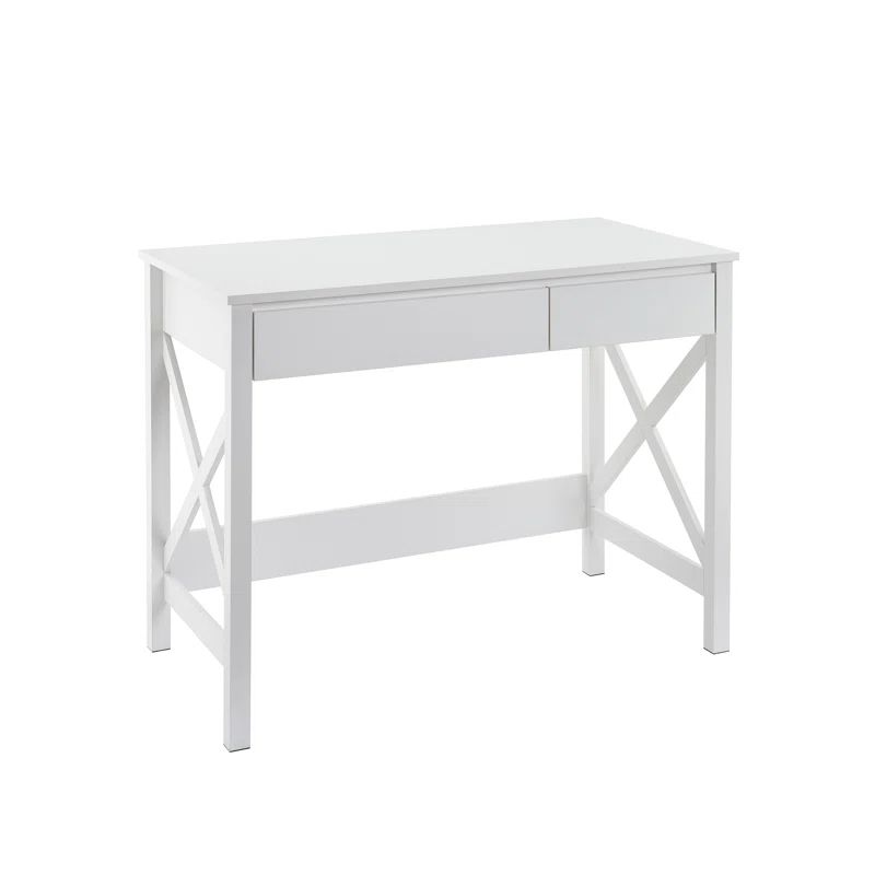 X-Frame Coastal White Composite Writing Desk with Drawers
