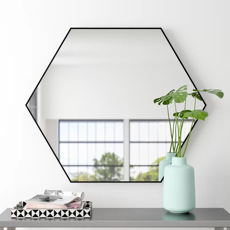 Hexagonal Black Wood Full Length Wall Mirror, 24" x 21"