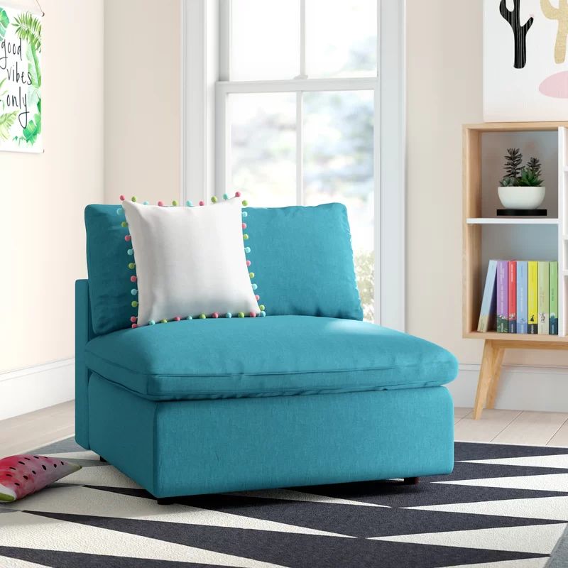 Teal Polyester Overstuffed Armless Chair with Down Cushions